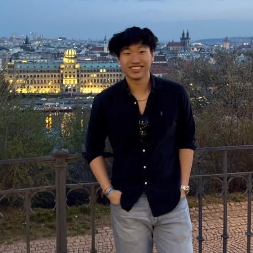 Male student standing infront of fence with city landscape in background