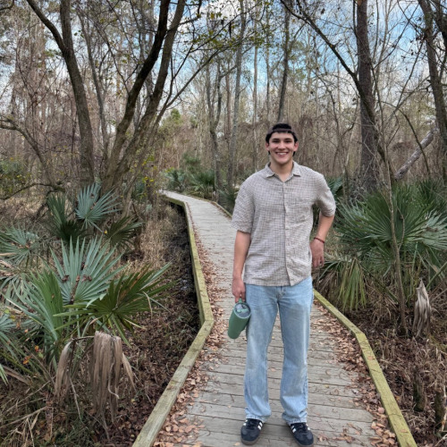 Student standing on wooden bridge in tropical forest landscape 