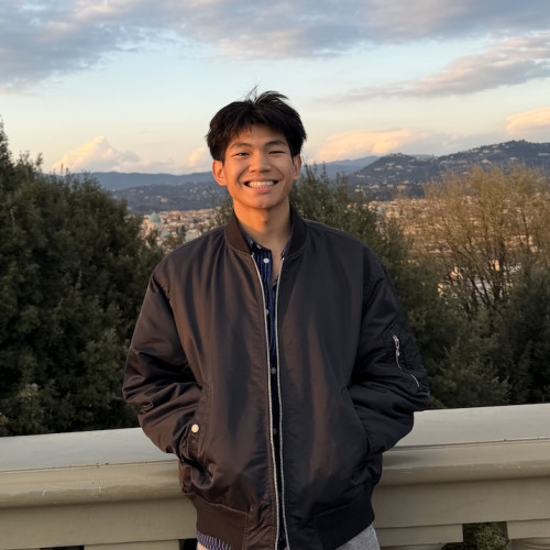 Student standing infront of fence and beautiful landscape with trees, buildings, and mountains